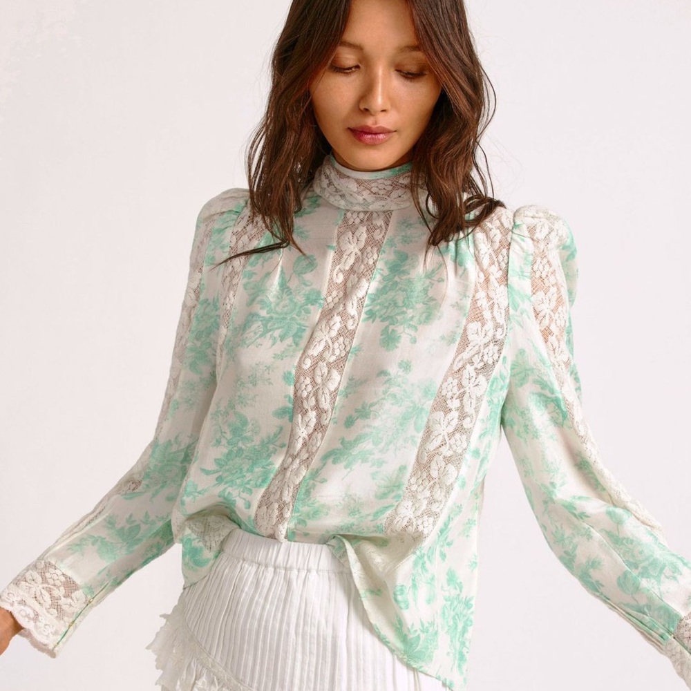 Loveshackfancy Womens Xs Jacque Blouse Teal Lace … - image 1